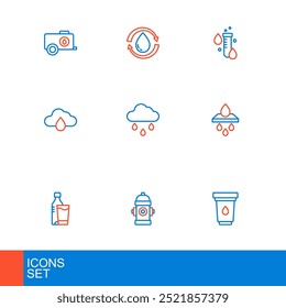 Set line Cartucho de filtro de agua, boca de incendios, botella de agua con vidrio, lluvia de nube, gota de tubo de ensayo y reciclar icono de agua limpia. Vector