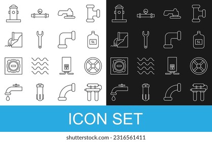 Set line Water filter, Industry valve, Big bottle with clean water, tap, Wrench spanner, Wastewater, Fire hydrant and metallic pipe icon. Vector