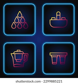 Fijar línea Filtro de agua, jarra con, gota y grifo de agua de lavabo. Iconos de color de degradado. Vector