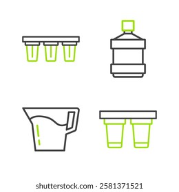 Set line Water filter, Jug glass with water, Big bottle clean and  icon. Vector