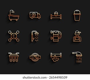Set line Filtro de agua, medidor, bañera, tubería rota, ducha, fontanero y calentador icono de toallero. Vector