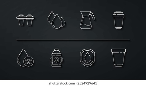 Definir linha Filtro de água, Recicle água limpa, cartucho, Impermeável, hidrante de fogo, gota, e copo de jarro com ícone de água. Vetor