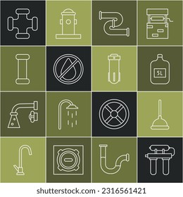 Fijar línea Filtro de agua, émbolo de caucho, botella grande con agua limpia, tubería metálica de la industria, gota prohibida e ícono. Vector