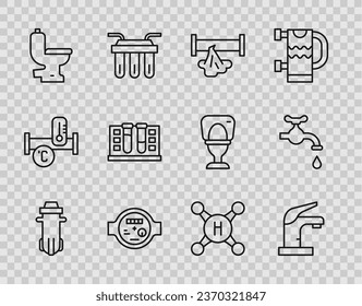Set line Water filter, tap, Broken pipe, meter, Toilet bowl, Test tube with water drop,  and  icon. Vector
