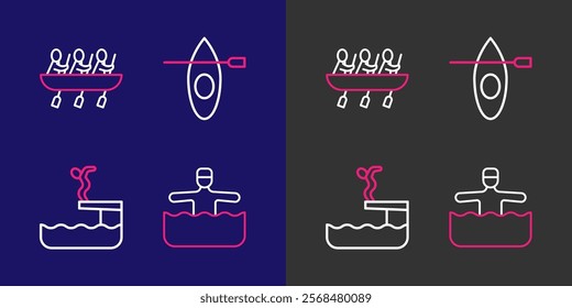 Set line Water gymnastics, Swimmer diving into pool, Kayak and paddle and Canoe rowing team sports icon. Vector