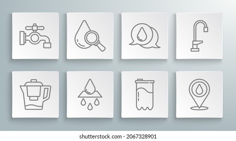 Set line Water jug with a filter, Drop and magnifying glass, Recycle clean aqua, cartridge, drop location, tap and  icon. Vector