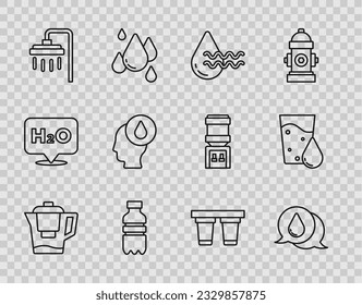 Set line Water jug with a filter, drop, Recycle clean aqua, Bottle of water, Shower,  and Glass icon. Vector
