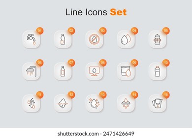 Set line Water jug with filter, cartridge, drop, Iceberg, Test tube water, Bottle of, Glass and location icon. Vector