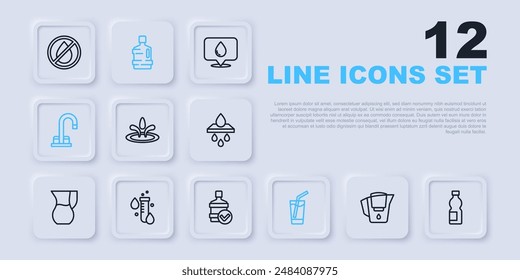 Set line Water jug with filter, Bottle of water, drop, Glass, tap, Test tube, Big bottle clean and  icon. Vector