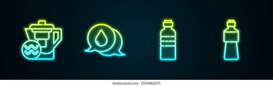 Set line Water jug with a filter, drop speech bubbles, Bottle of water and . Glowing neon icon. Vector