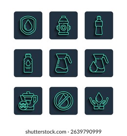 Set line Water jug with a filter, drop forbidden, Washing hands soap, Bottle of water, Jug glass, Waterproof and  icon. Vector