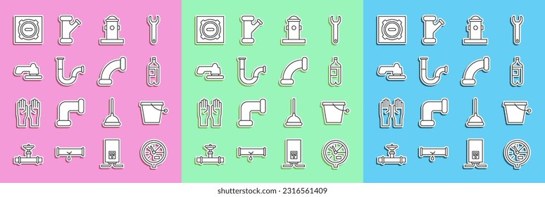 Fijar línea Medidor de agua, Cubo de agua, Botella de agua, Agua de fuego, Tubo metálico de la industria, grifo, Cubierta de alcantarillado de alcantarillado de Manhole e icono. Vector