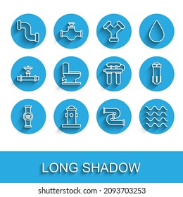 Wasserzähler, Feuerlöschmittel, Metallrohre, Wellen, Toilettenschüssel, Filter und Icon. Vektorgrafik