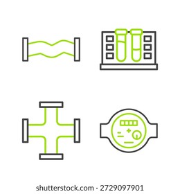 Set line Water meter, Industry metallic pipe, Test tube with water drop and  icon. Vector