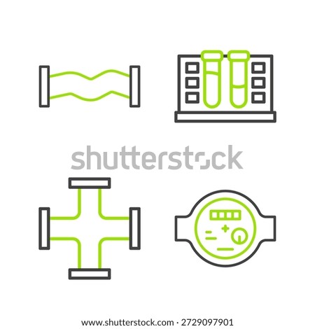 Set line Water meter, Industry metallic pipe, Test tube with water drop and  icon. Vector