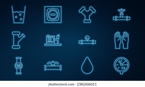 Set line Water meter, Rubber gloves, Industry metallic pipe, Electric water pump, Glass with, and manometer and Manhole sewer cover icon. Vector