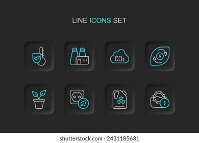 Set line Water mill, Radioactive waste in barrel, Electrical outlet, Plant pot, energy, CO2 emissions cloud, Factory production and Thermometer icon. Vector