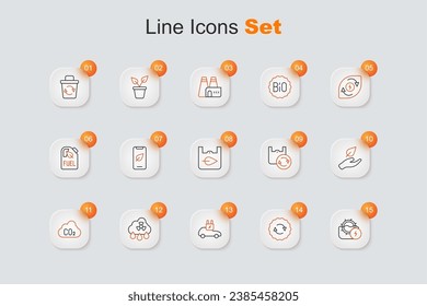 Set line Water mill, Recycle symbol, Electric car, Acid rain radioactive cloud, CO2 emissions, Leaf hand, Shopping bag with recycle and  icon. Vector