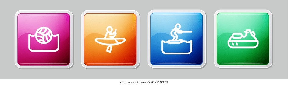 Set line Water polo, Kayak and paddle, skiing man and Jet. Colorful square button. Vector