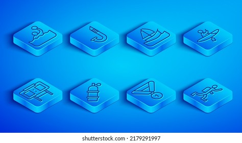 Set line Water polo, Snorkel, Yacht sailboat, Aqualung, Medal, Kayak and paddle, Sport mechanical scoreboard and Scuba diver icon. Vector