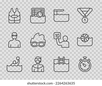 Set line Water polo, Stopwatch, Diving board or springboard, Wetsuit for scuba diving, Life jacket, Glasses swimming, Swimming pool with ladder and  icon. Vector