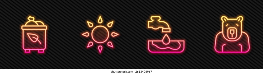 Set line Water problem, Recycle bin with recycle, Sun and Polar bear head. Glowing neon icon. Vector