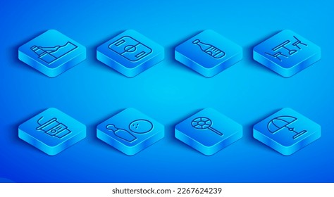 Set line Water slide, Hockey table, Bottle of water, Bowling pin and ball, Lollipop, Picnic with chairs, Paper glass and Sun protective umbrella icon. Vector