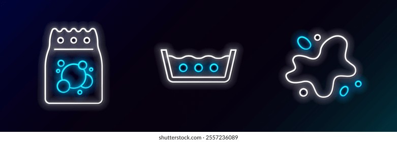 Set line Water spill, Laundry detergent and Temperature wash icon. Glowing neon. Vector