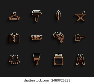 Derrame de agua, Limpiador de caucho para ventanas, Armario colgante, Lavadora, Perno de ropa, Lavado a temperatura, Lavado en polvo e icono de hierro eléctrico. Vector