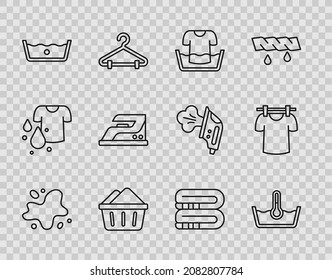 Set line Water spill, Temperature wash, Basin with shirt, soap suds, Electric iron, Towel stack and Drying clothes icon. Vector