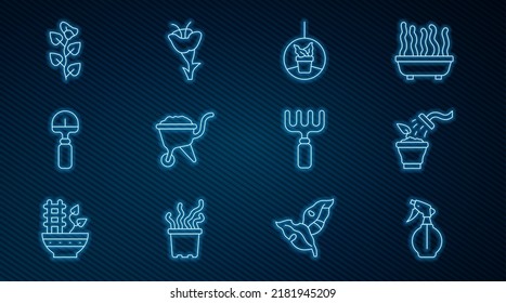 Set line Water spray bottle, Spraying plant, Plant hanging pot, Wheelbarrow with dirt, Shovel, Ivy branch, Garden rake and Flower icon. Vector