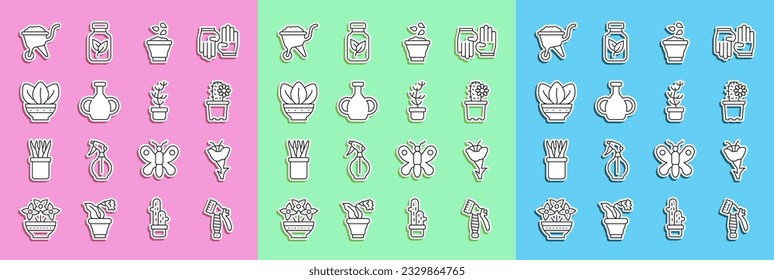 Set line Water spray bottle, Flower, Cactus peyote in pot, Seeds bowl, Vase, Plant, Wheelbarrow with dirt and Exotic tropical plant icon. Vector