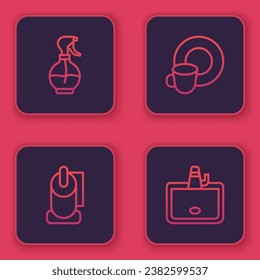 Set line Water spray bottle, Toilet paper roll, Washing dishes and Washbasin. Blue square button. Vector