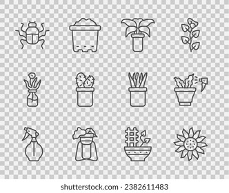 Set line Water spray bottle, Flower, Exotic tropical plant in pot, Plant on stand, Beetle bug, Cactus peyote,  and Spraying icon. Vector