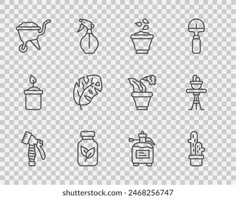 Set line Water spray bottle, Cactus peyote in pot, Seeds bowl, Fertilizer, Wheelbarrow with dirt, Tropical leaves, Garden sprayer for fertilizer and Plant on table icon. Vector