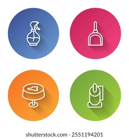 Set line Water spray bottle, Dustpan, Stain on the tablecloth and Toilet paper roll. Color circle button. Vector