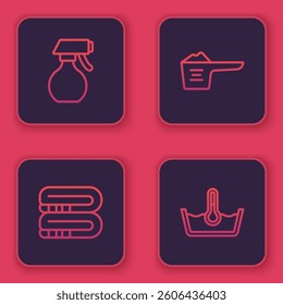 Set line Water spray bottle, Towel stack, Washing powder and Temperature wash. Blue square button. Vector