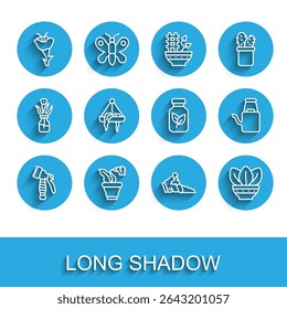 Set line Water spray bottle, Flower in pot, Broken, Plant, hanging, Watering can and Fertilizer icon. Vector
