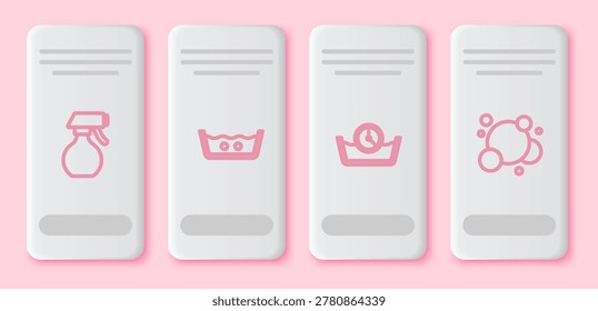 Set line Water spray bottle, Temperature wash, Time and Soap water bubbles. White rectangle button. Vector