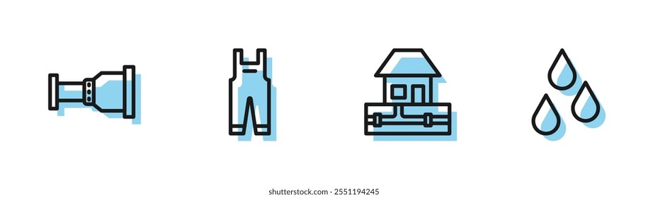 Set line Water supply pipes, Pipe adapter, Work overalls and drop icon. Vector