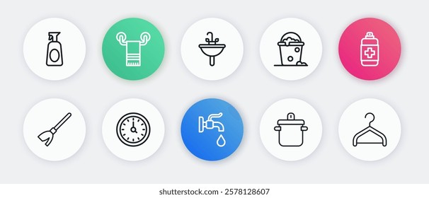 Set line Water tap, Antibacterial soap, Handle broom, Cooking pot, Bucket with foam bubbles, Washbasin, Hanger wardrobe and Clock icon. Vector