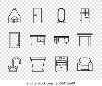 Set line Water tap, Armchair, Big full length mirror, Flower pot, Interior fireplace, Office desk, Kitchen dishwasher machine and Wooden table icon. Vector