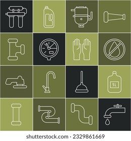 Set line Water tap, Big bottle with clean water, drop forbidden, Electric boiler heating, meter, Industry metallic pipe, filter and Rubber gloves icon. Vector