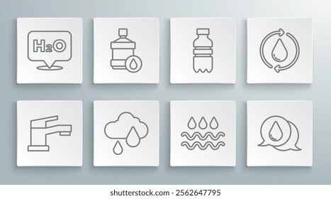 Set line Water tap, Big bottle with clean water, Cloud rain, Wave drop, Bottle of, Recycle aqua and Chemical formula for H2O icon. Vector
