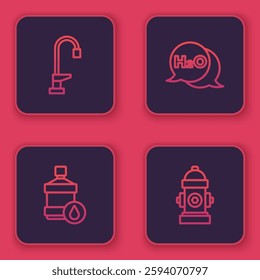 Set line Water tap, Big bottle with clean water, Chemical formula for H2O and Fire hydrant. Blue square button. Vector