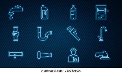Set line Water tap, Bottle of water, Industry metallic pipe, meter, Pipe adjustable wrench and Container with drain cleaner icon. Vector