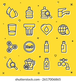 Set line Water tap, Bottle of water, Earth planet in drop, Big bottle with clean, Glass,  and Heart icon. Vector