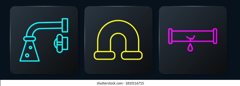 Fijar la línea de grifo de agua, tubería rota con agua filtrada y tubería metálica de la industria. Botón cuadrado negro. Vector
