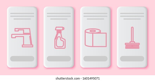 Set line Water tap , Cleaning spray bottle with detergent liquid , Toilet paper roll  and Mop . White rectangle button. Vector