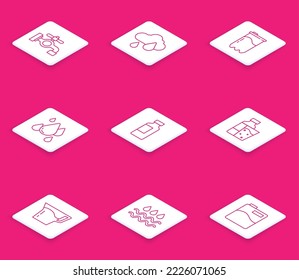 Set line Water tap, Cloud with rain, filter cartridge, drop, Bottle of water, glass, Jug and Wave icon. Vector
